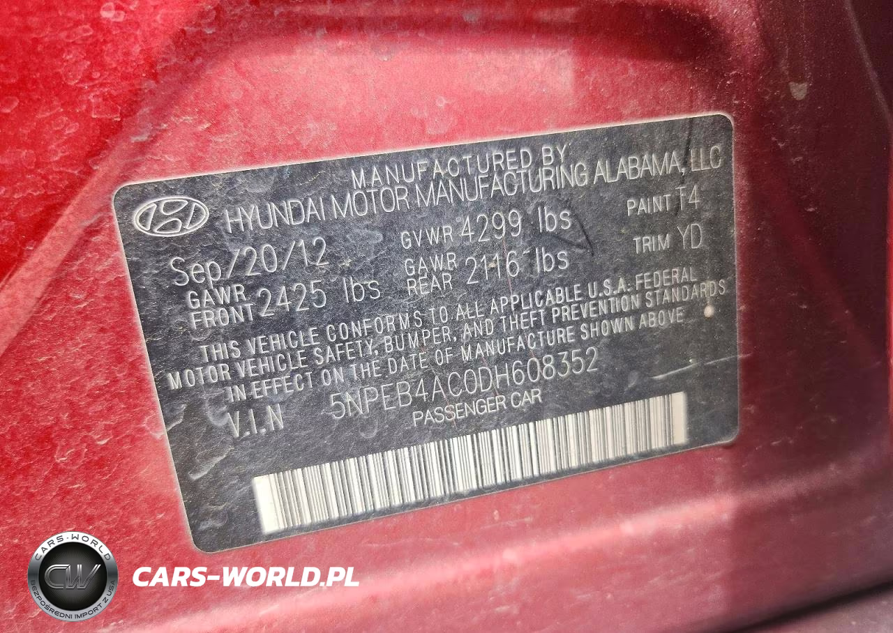 2013 Hyundai Sonata Gls VIN:5NPEB4AC0DH608352 - 12