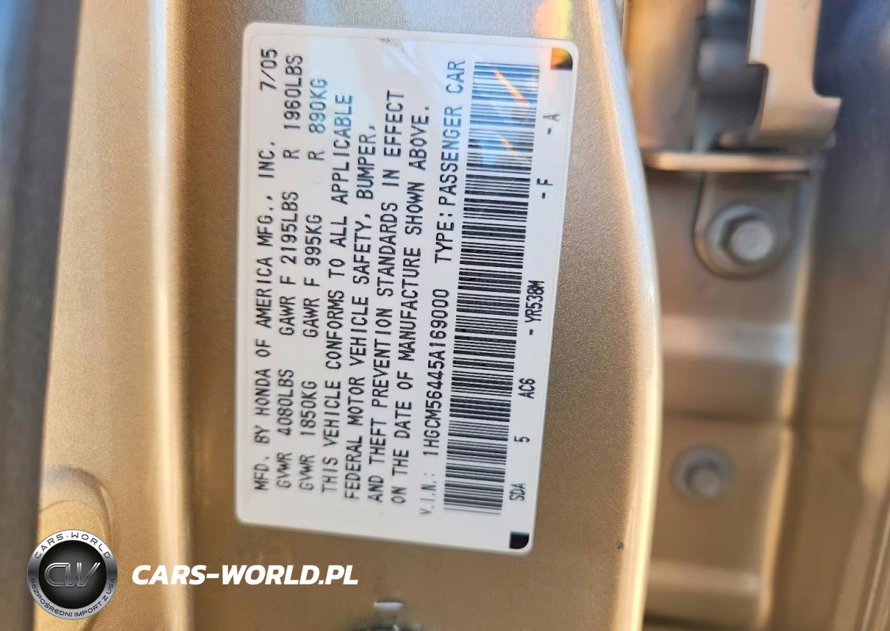 2005 Honda Accord Lx VIN:1HGCM56445A169000 - 12