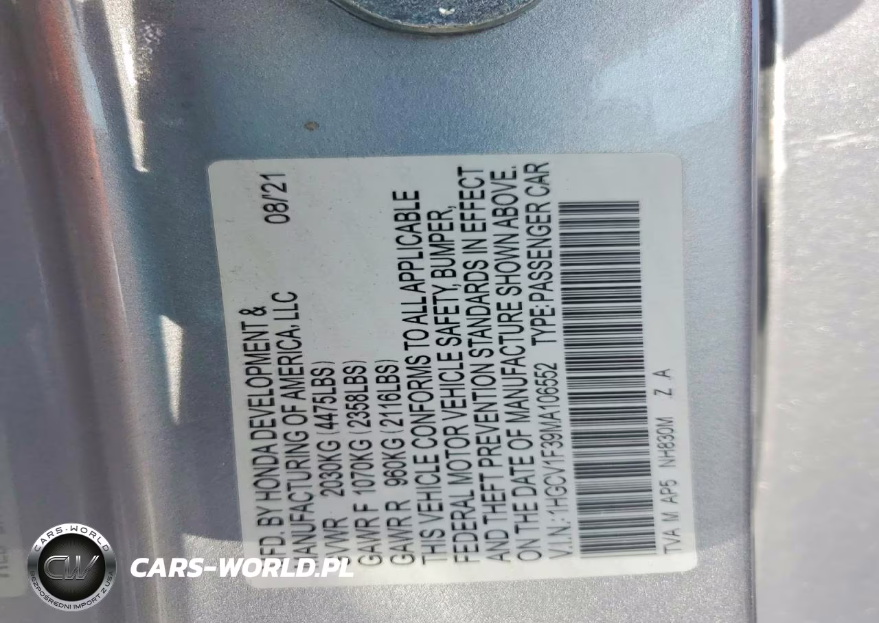2021 Honda Accord Sport VIN:1HGCV1F39MA106552 - 12