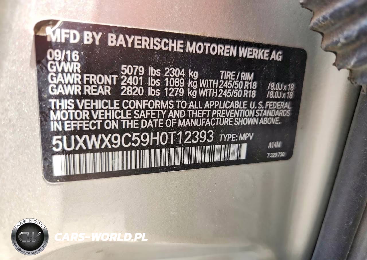 2017 BMW X3 xDrive28I VIN:5UXWX9C59H0T12393 - 12