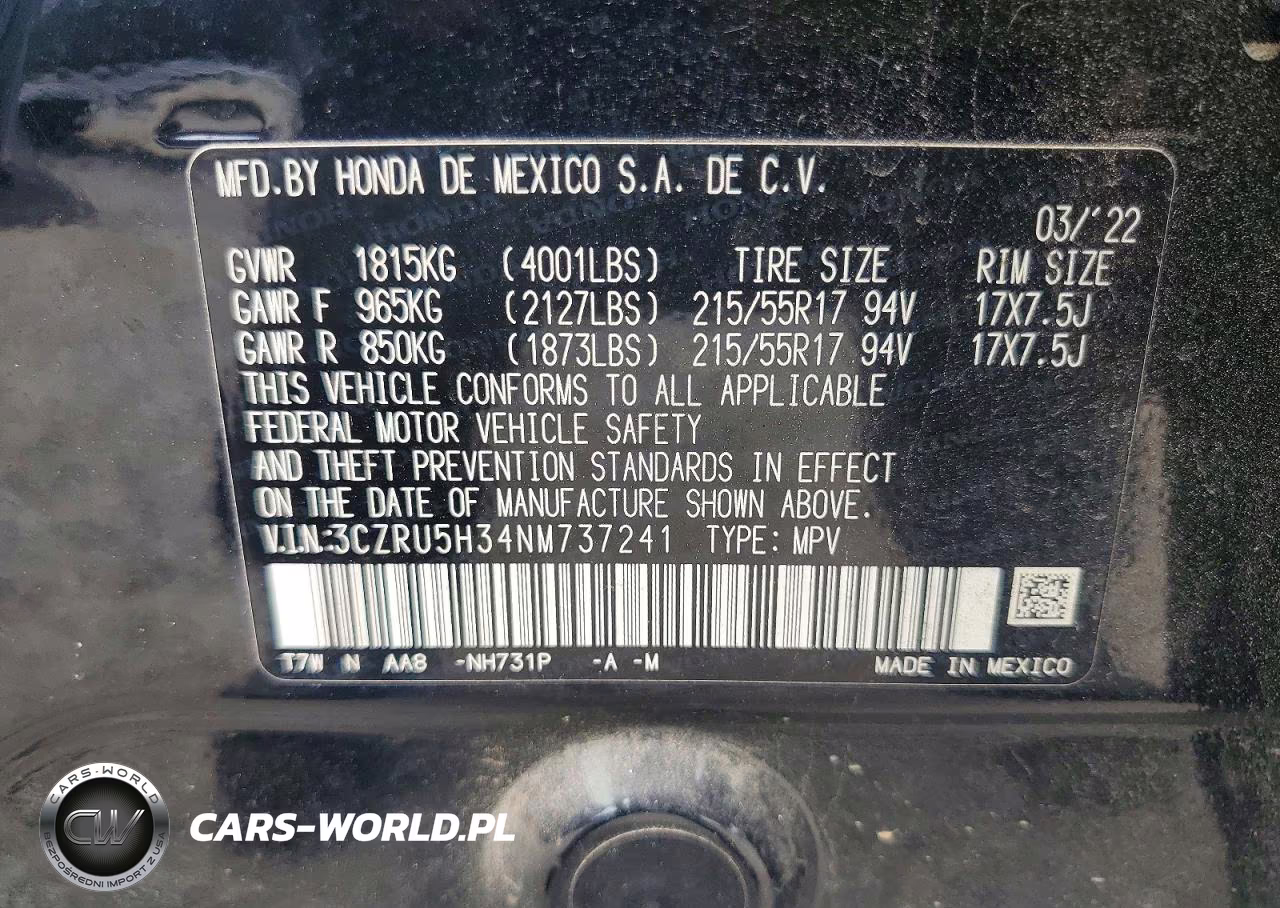 2022 Honda Hr-V Lx VIN:3CZRU5H34NM737241 - 13