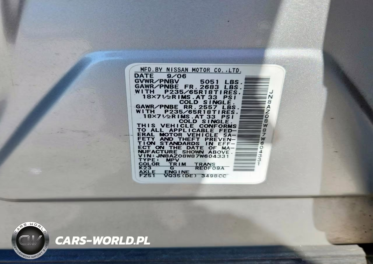 2007 Nissan Murano S VIN:JN8AZ08W87W604331 - 13