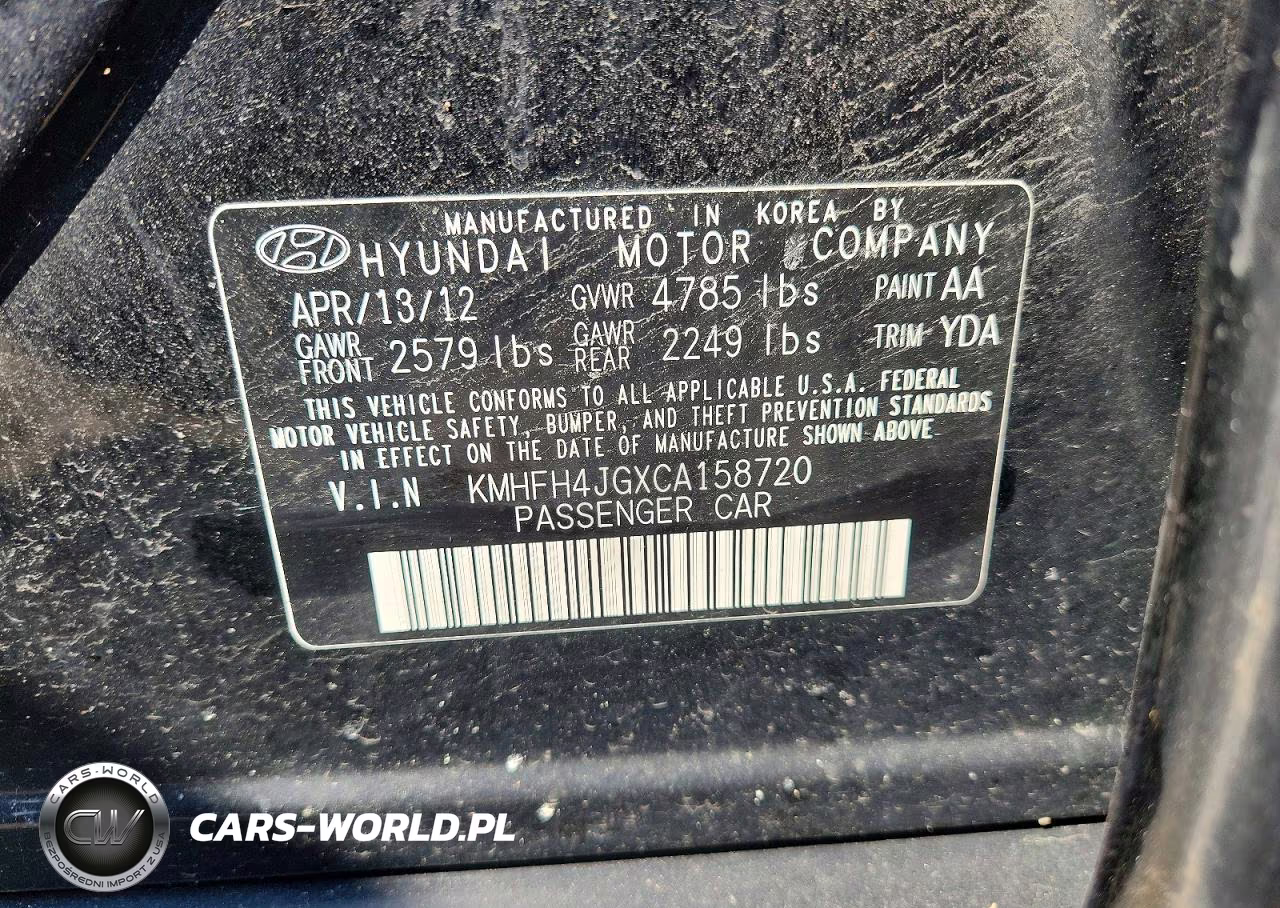 2012 Hyundai Azera Base VIN:KMHFH4JGXCA158720 - 12