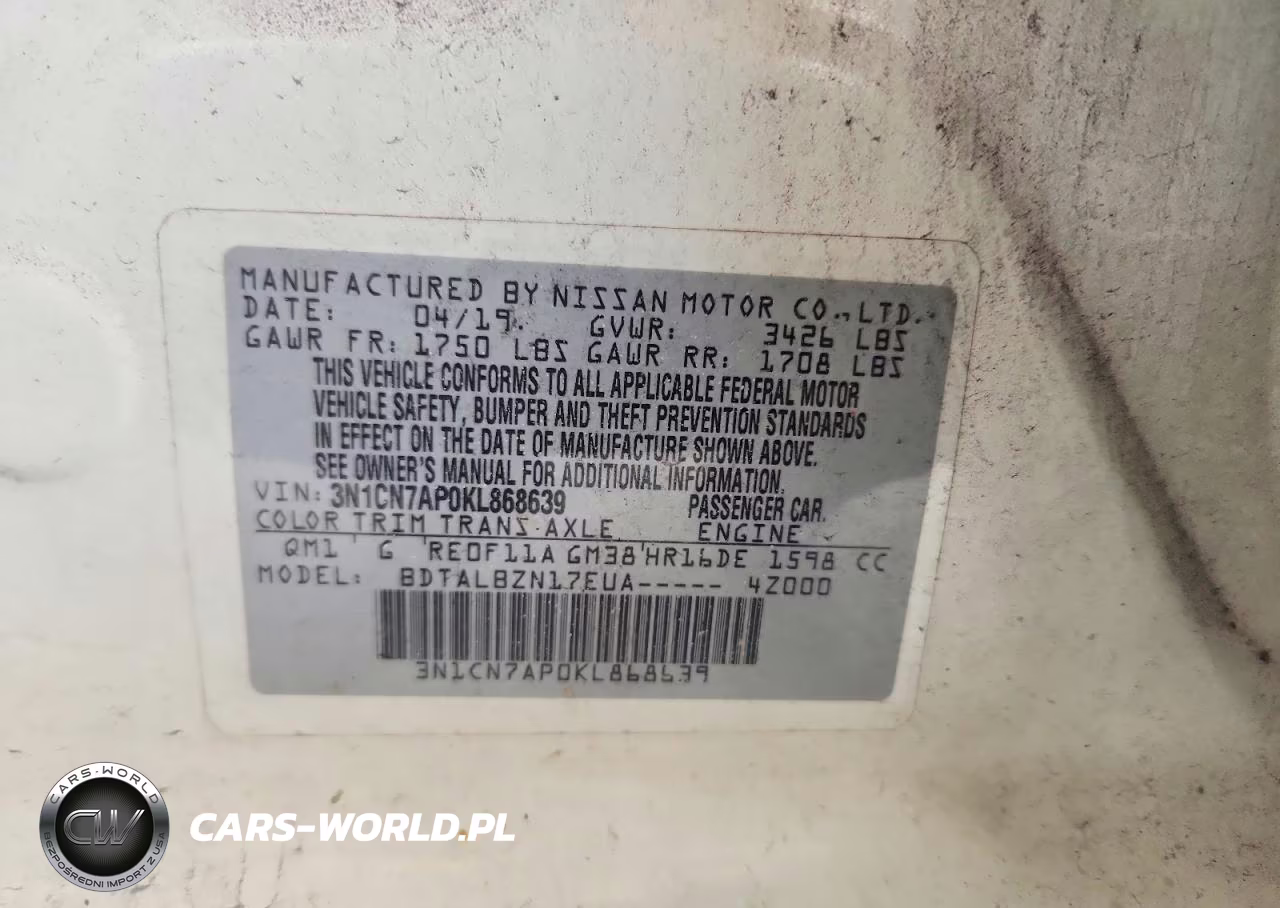 2019 Nissan Versa Sv VIN:3N1CN7AP0KL868639 - 12