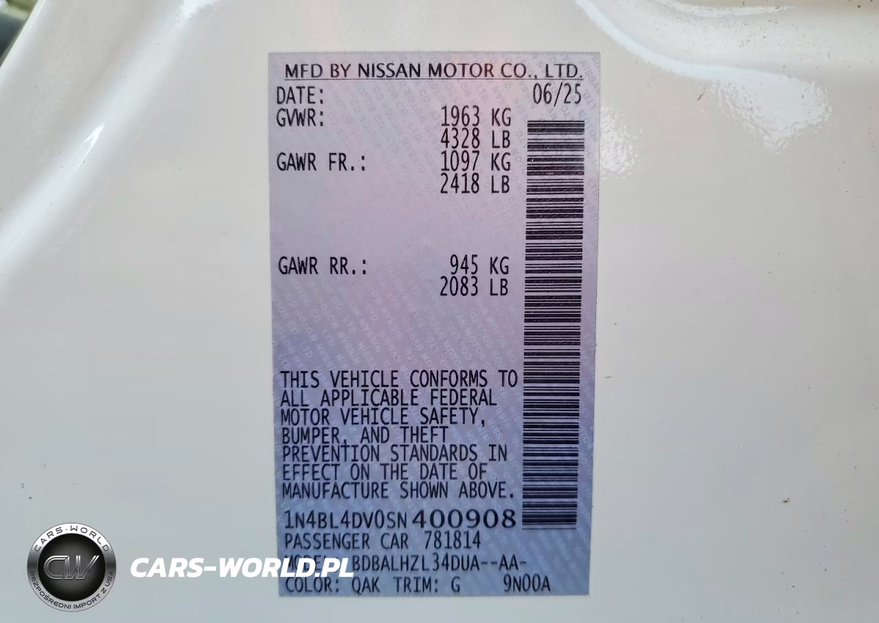 2025 Nissan Altima Sv VIN:1N4BL4DV0SN400908 - 12