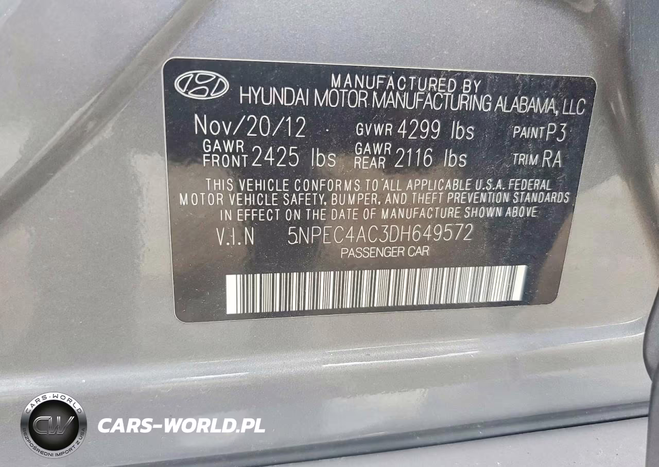 2013 Hyundai Sonata Se VIN:5NPEC4AC3DH649572 - 12