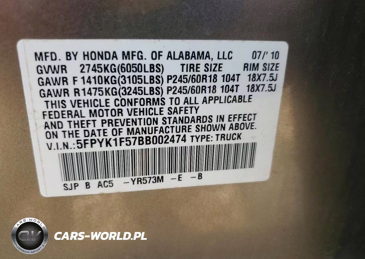 2011 Honda Ridgeline Rtl VIN:5FPYK1F57BB002474 - 12