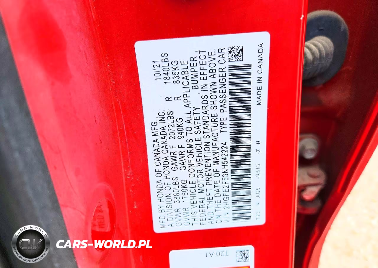 2022 Honda Civic Sport VIN:2HGFE2F53NH542224 - 12