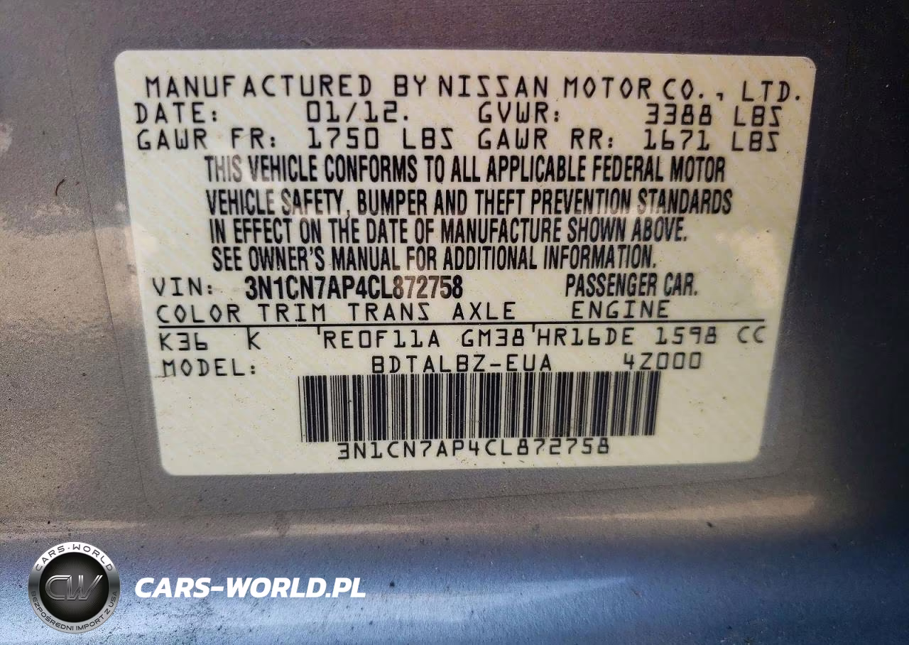 2012 Nissan Versa 1.6 S VIN:3N1CN7AP4CL872758 - 12
