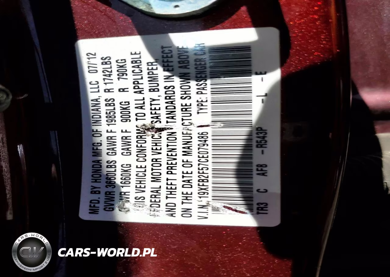 2012 Honda Civic Lx VIN:19XFB2F57CE079486 - 12