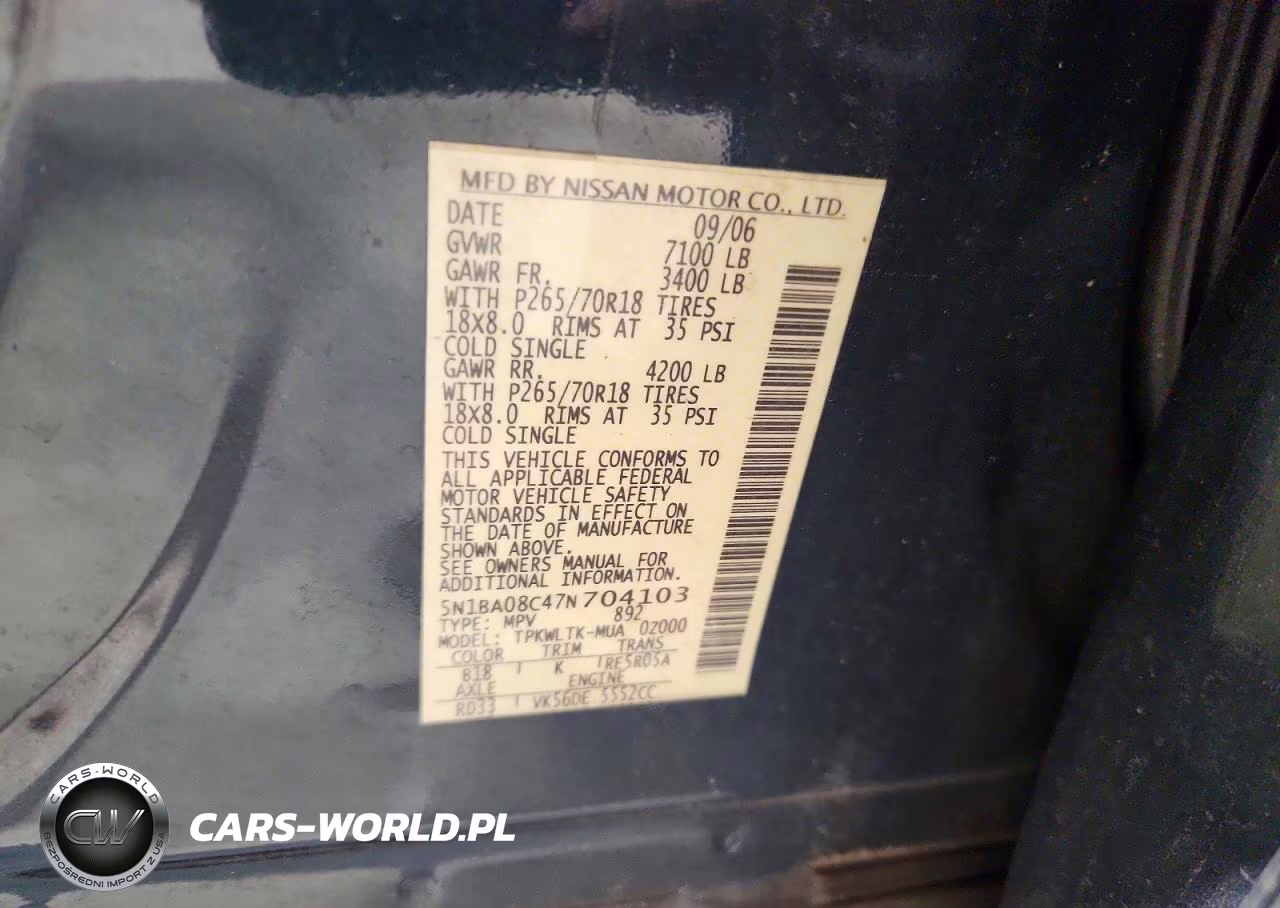 2007 Nissan Armada Se Ffv VIN:5N1BA08C47N704103 - 13