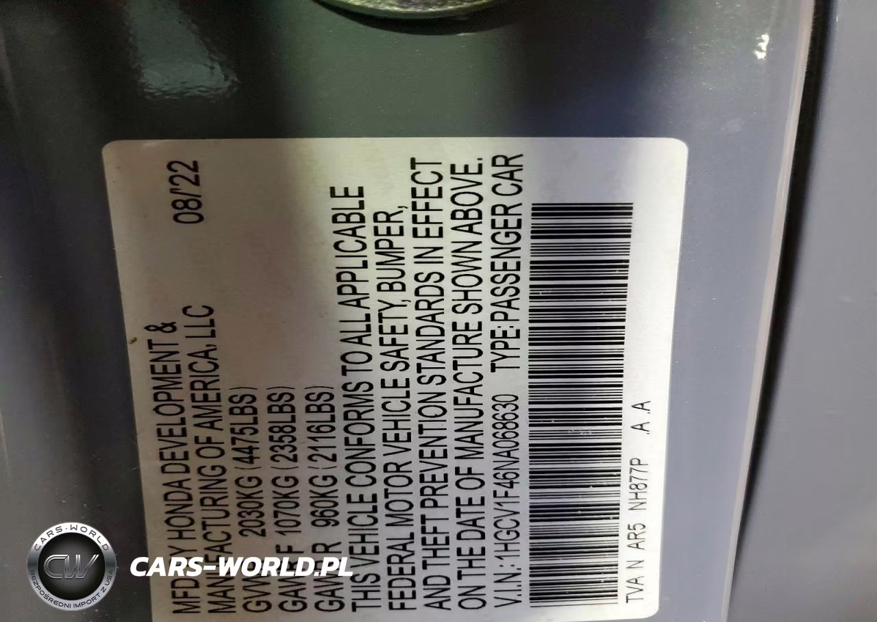 2022 Honda Accord Sport Se VIN:1HGCV1F46NA068630 - 12