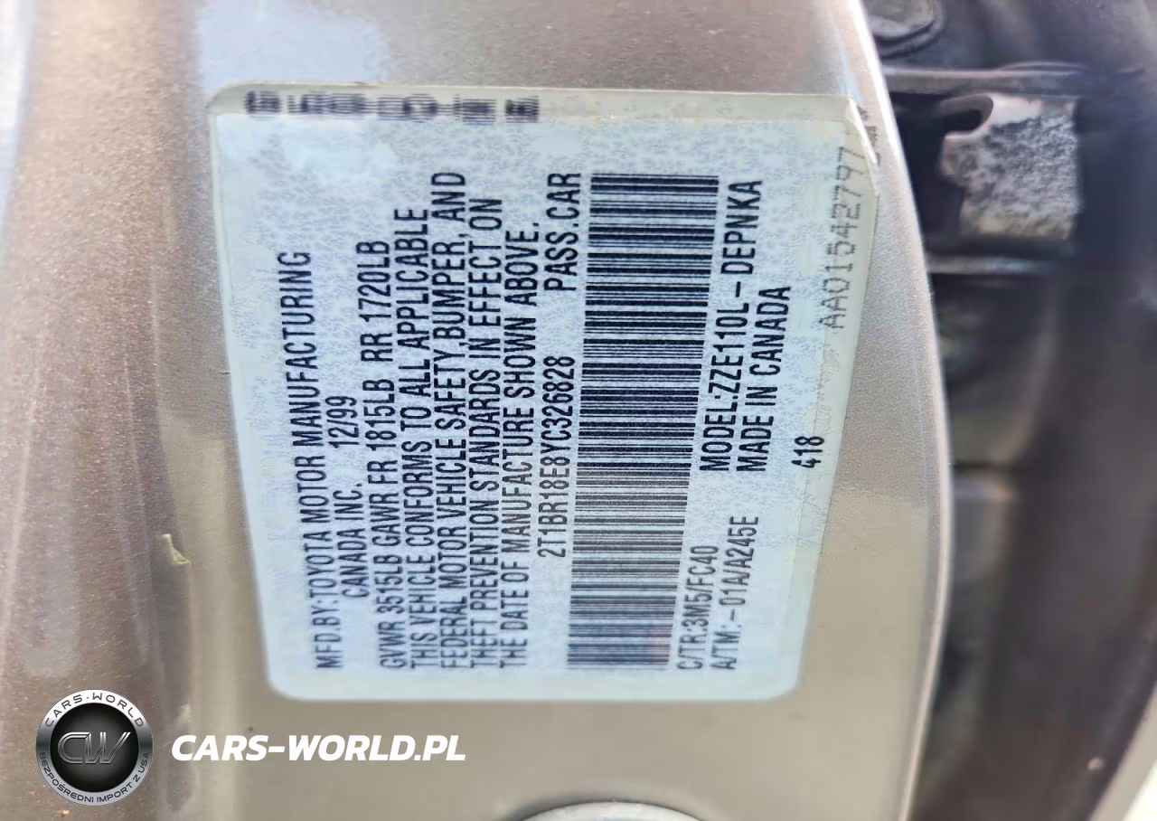 2000 Toyota Corolla Ve VIN:2T1BR18E8YC326828 - 12