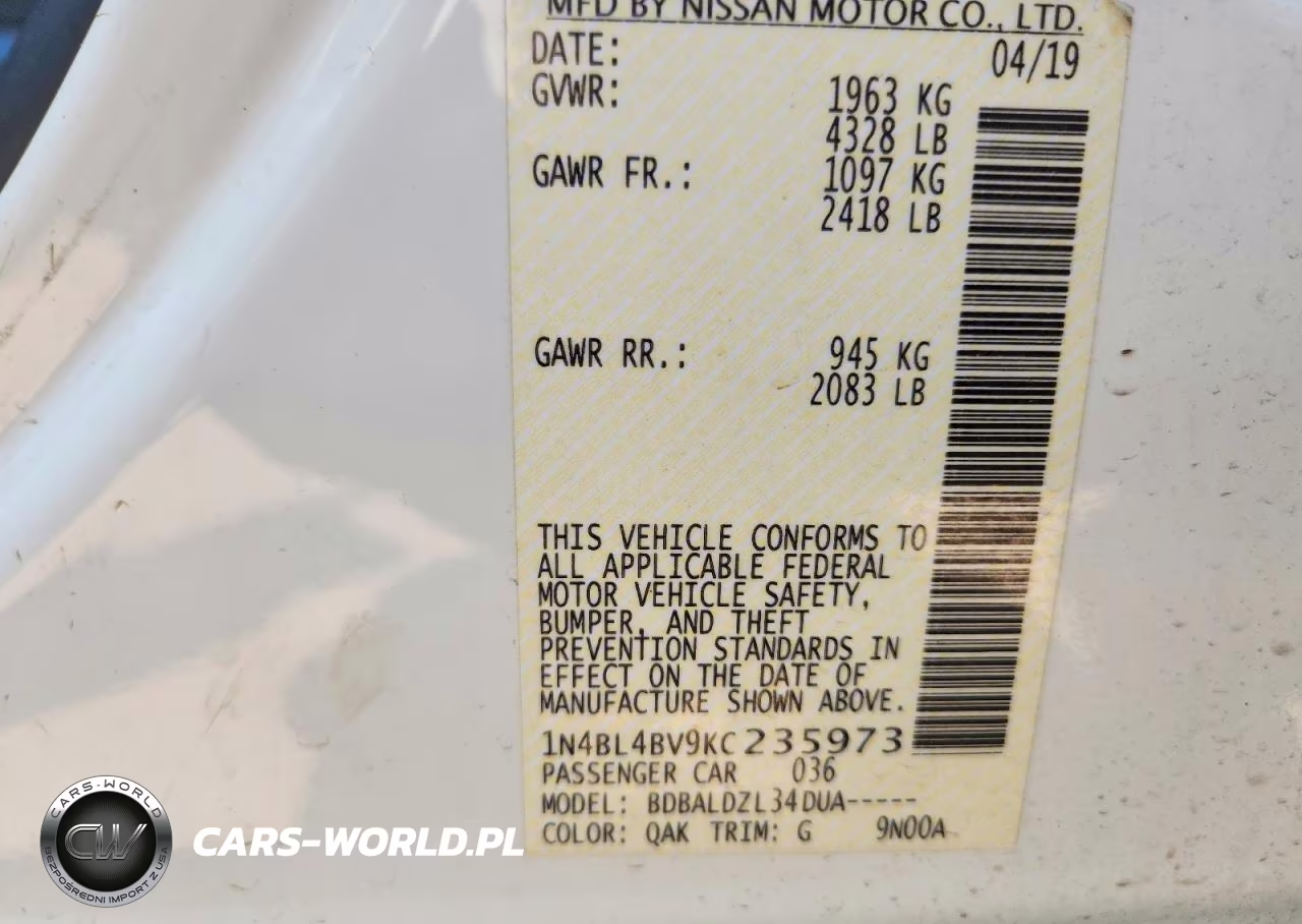 2019 Nissan Altima S VIN:1N4BL4BV9KC235973 - 12