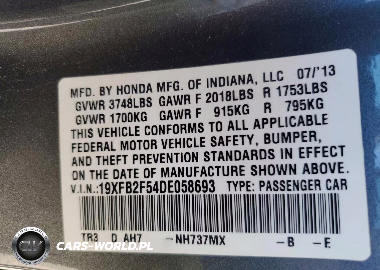2013 Honda Civic Lx VIN:19XFB2F54DE058693 - 13