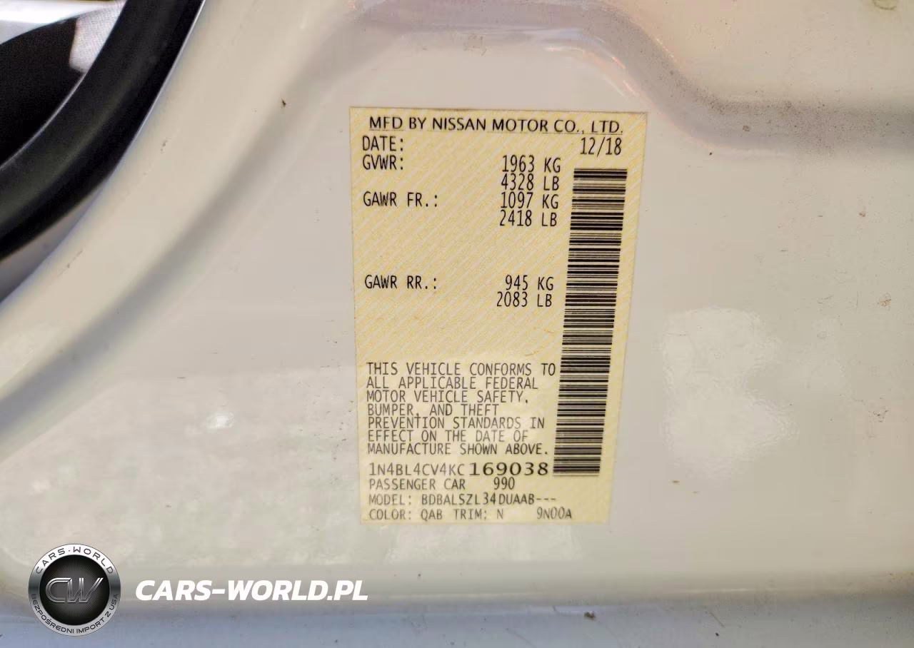 2019 Nissan Altima Sr VIN:1N4BL4CV4KC169038 - 12
