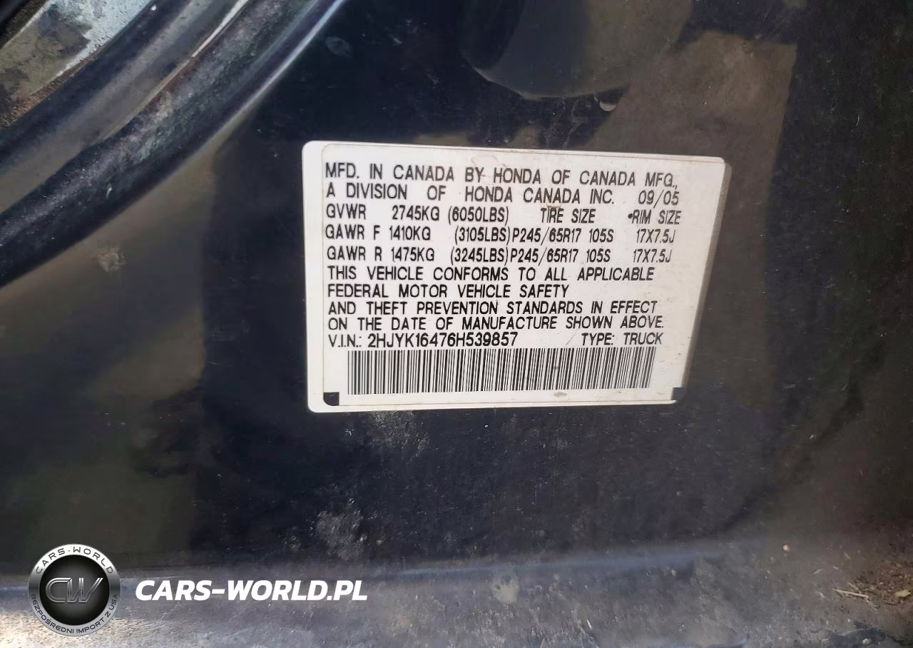 2006 Honda Ridgeline Rts VIN:2HJYK16476H539857 - 12