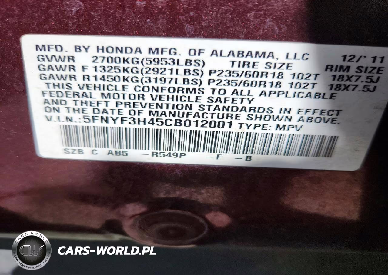2012 Honda Pilot Ex VIN:5FNYF3H45CB012001 - 13