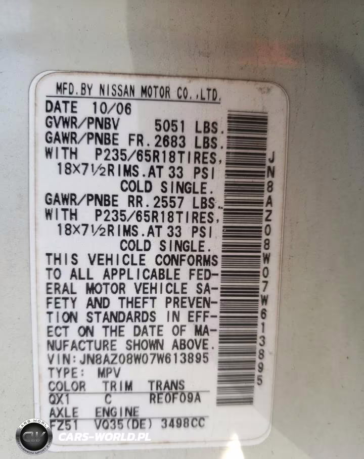 2007 Nissan Murano Sl VIN:JN8AZ08W07W613895 - 13