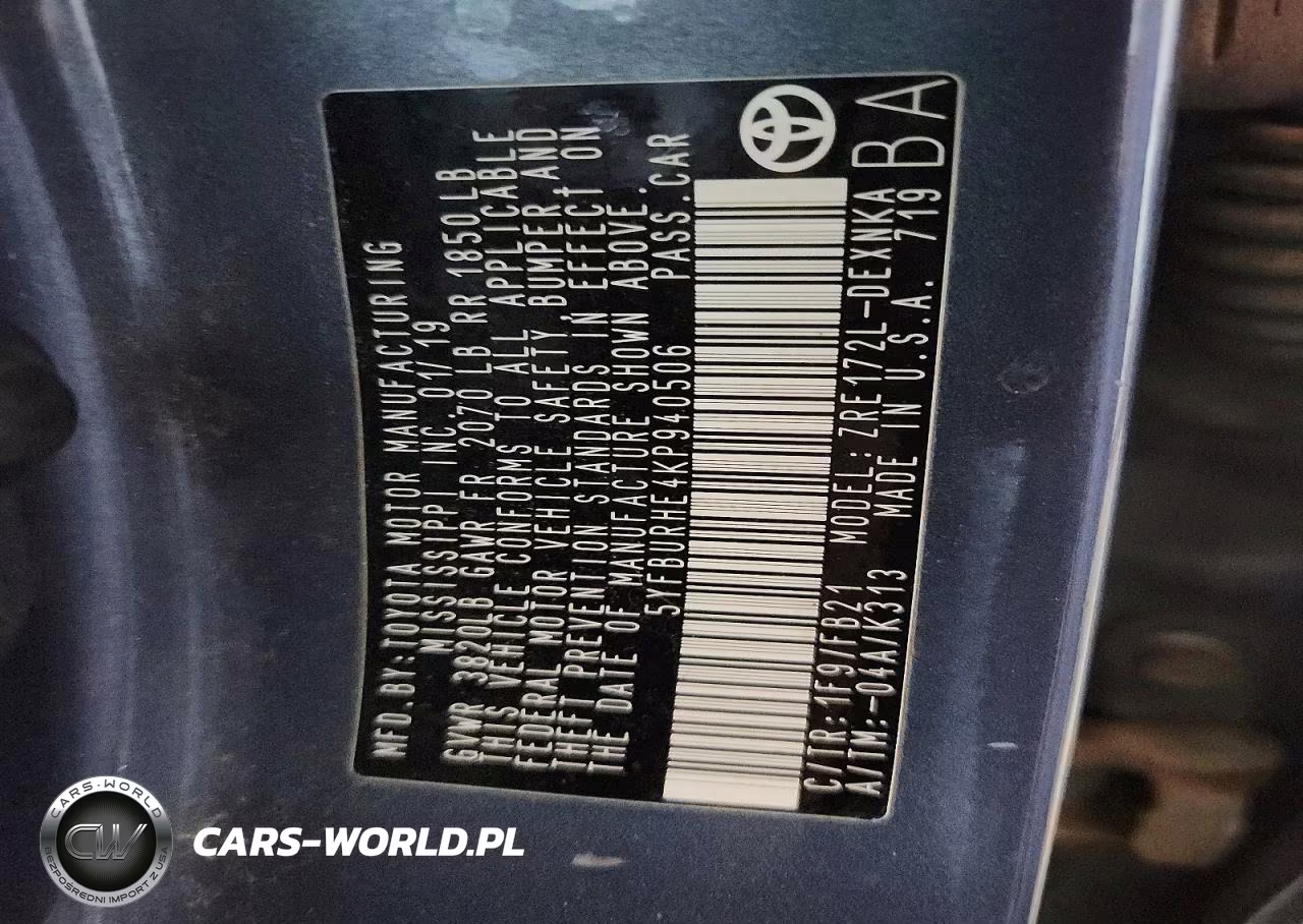 2019 Toyota Corolla Le VIN:5YFBURHE4KP940506 - 12