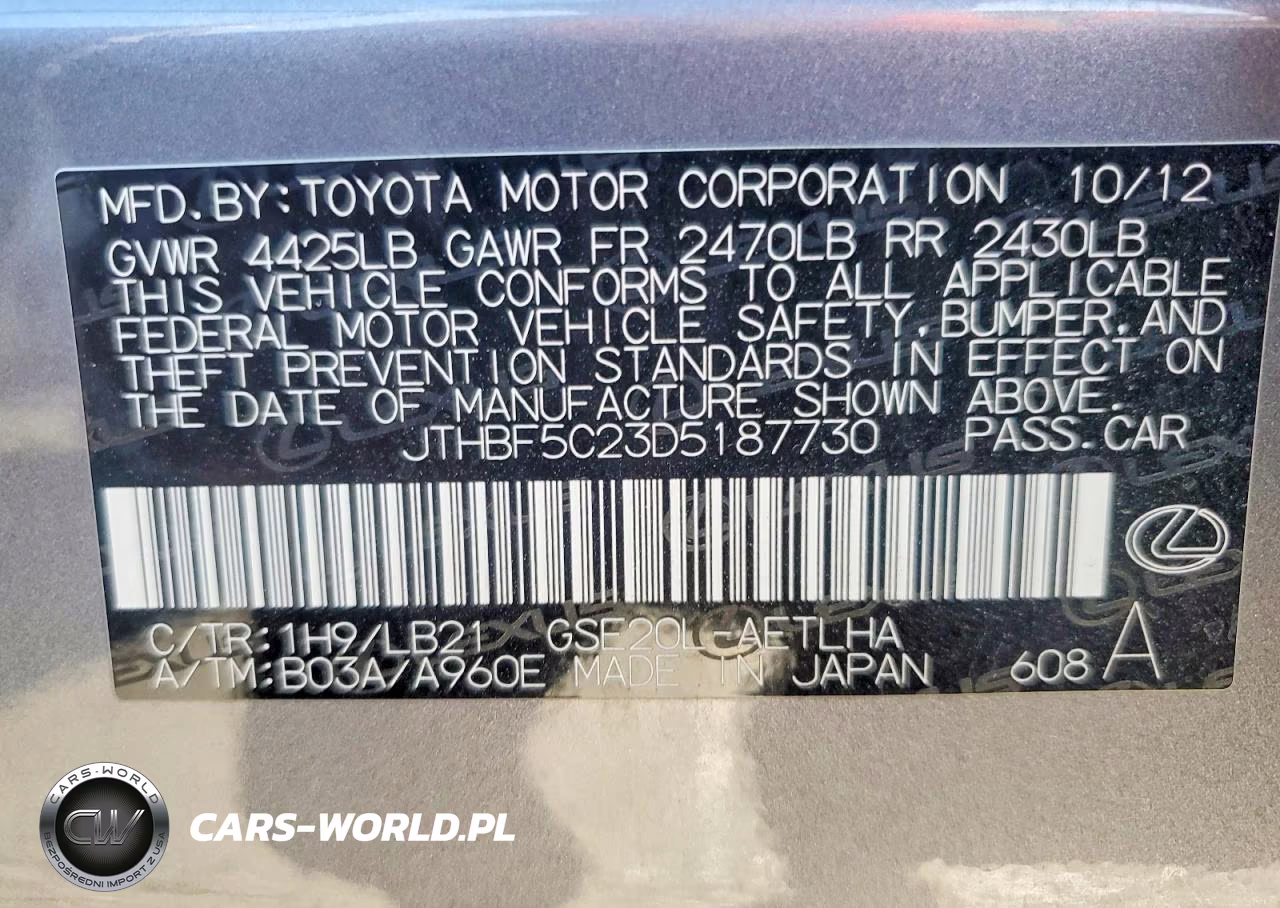 2013 LEXUS IS 250 VIN:JTHBF5C23D5187730 - 12