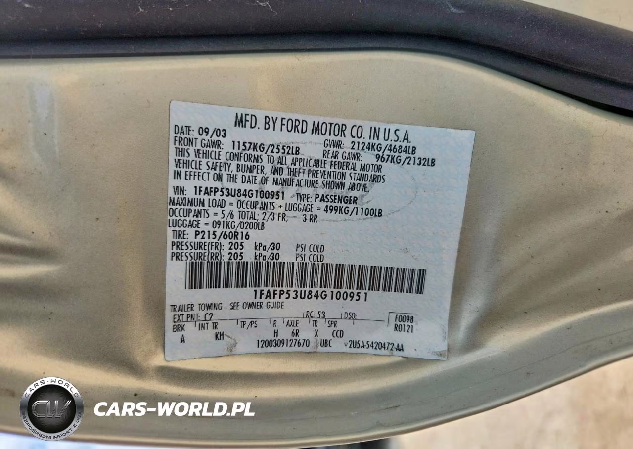 2004 Ford Taurus Se VIN:1FAFP53U84G100951 - 12