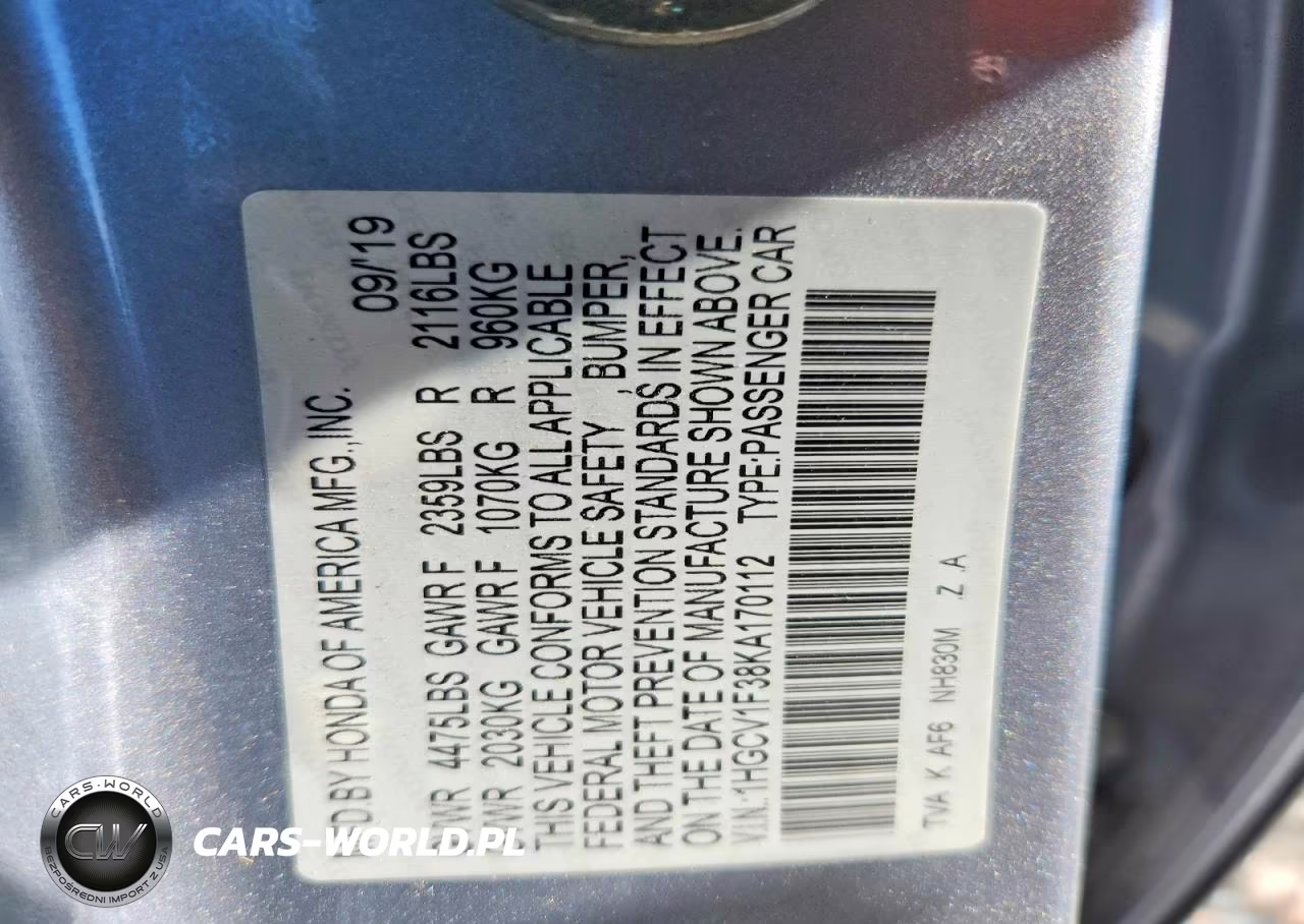 2019 Honda Accord Sport VIN:1HGCV1F38KA170112 - 12