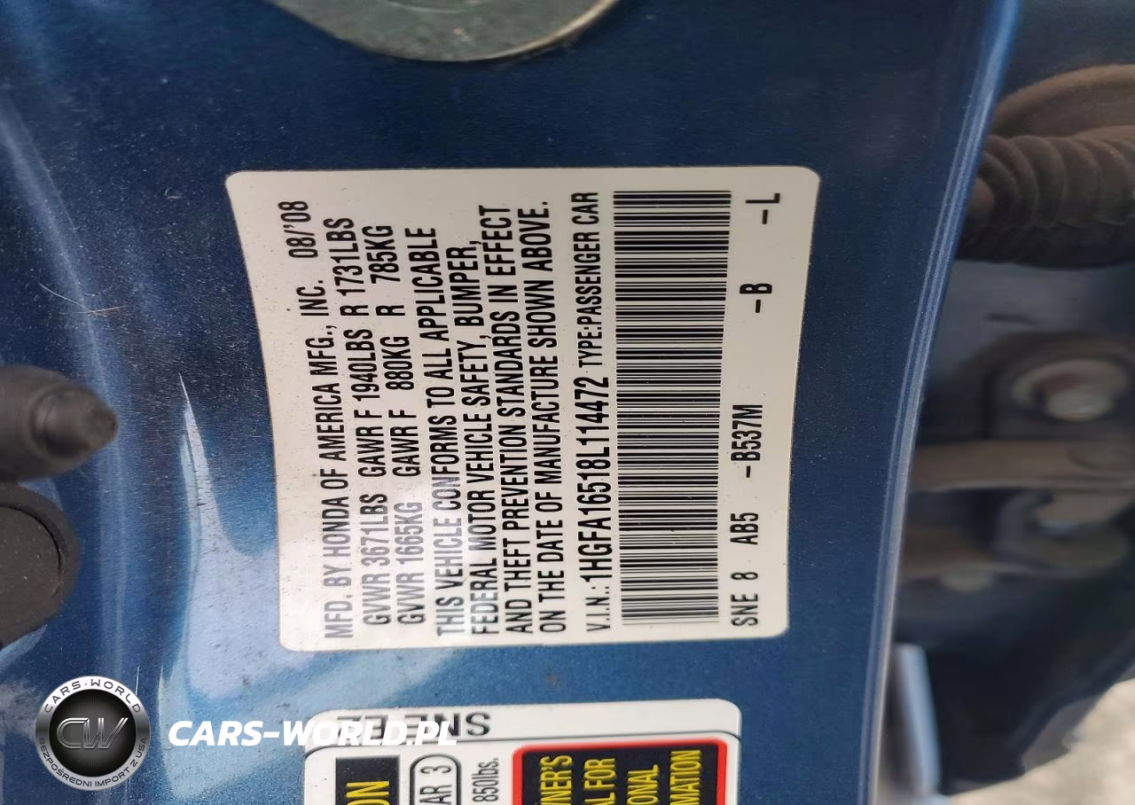 2008 HONDA CIVIC LX VIN:1HGFA16518L114472 - 12