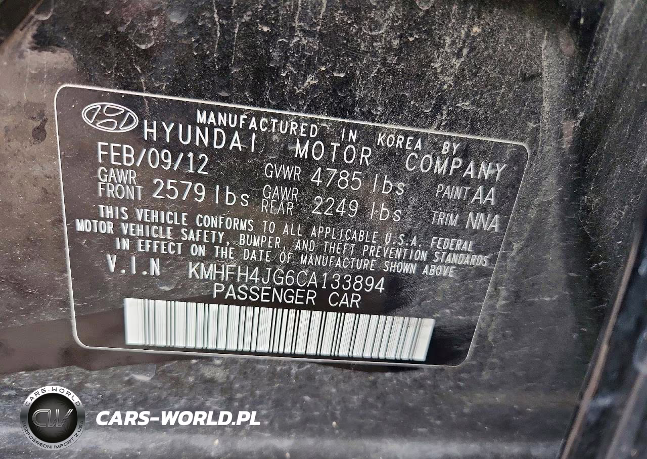 2012 Hyundai Azera Base VIN:KMHFH4JG6CA133894 - 12