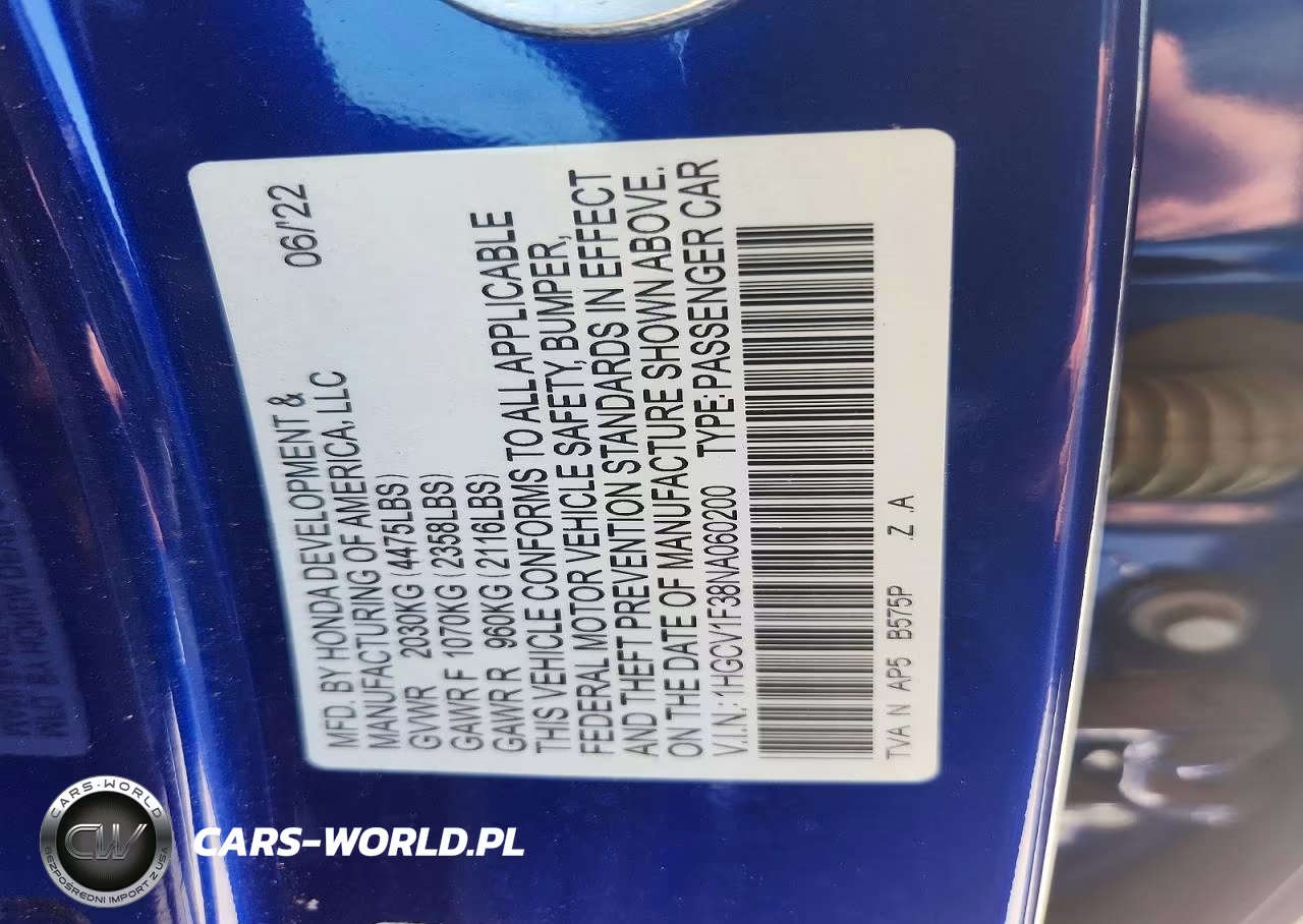 2022 Honda Accord VIN:1HGCV1F38NA060200 - 12