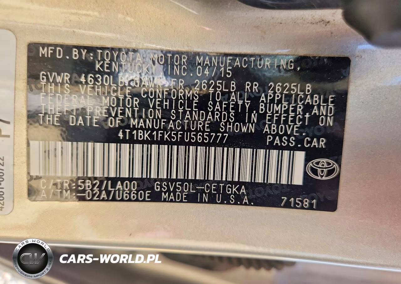 2015 Toyota Camry Xle V6 VIN:4T1BK1FK5FU565777 - 12