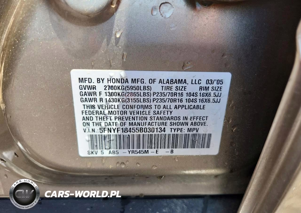 2005 Honda Pilot Ex VIN:5FNYF18455B030134 - 13