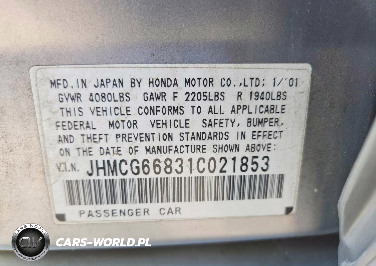2001 Honda Accord Ex VIN:JHMCG66831C021853 - 12