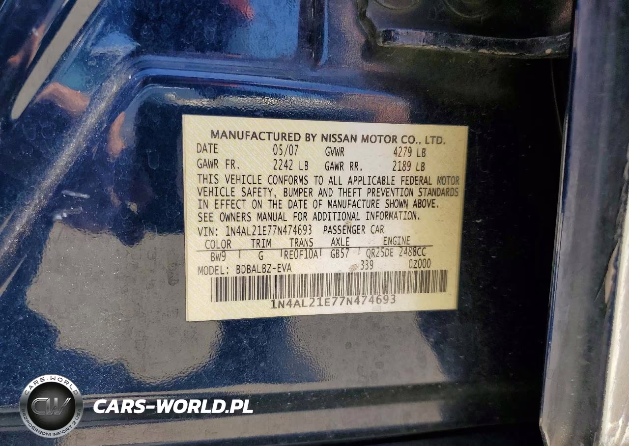 2007 Nissan Altima 2.5 VIN:1N4AL21E77N474693 - 12