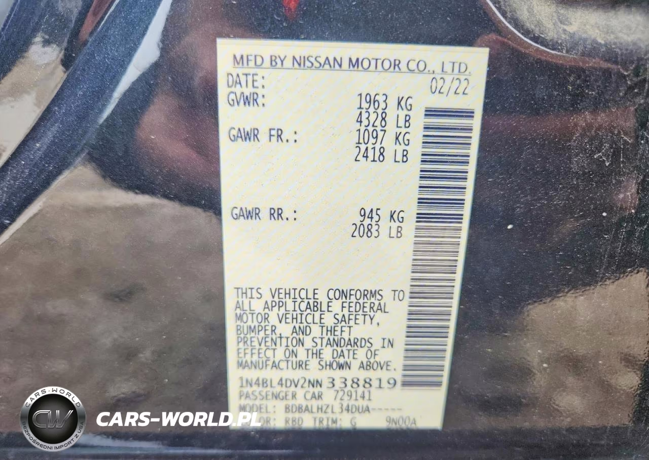 2022 Nissan Altima Sv VIN:1N4BL4DV2NN338819 - 12