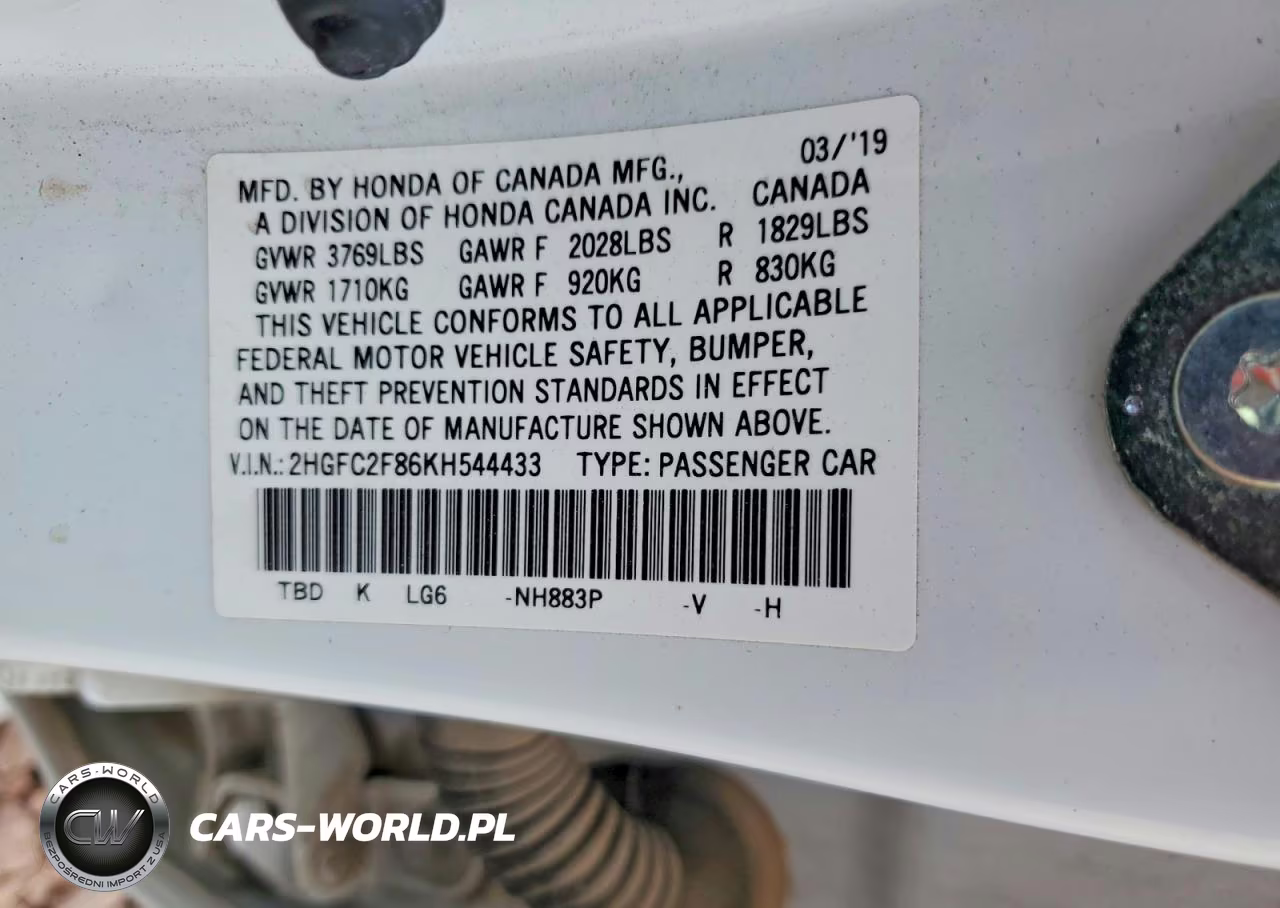 2019 Honda Civic Sport VIN:2HGFC2F86KH544433 - 12