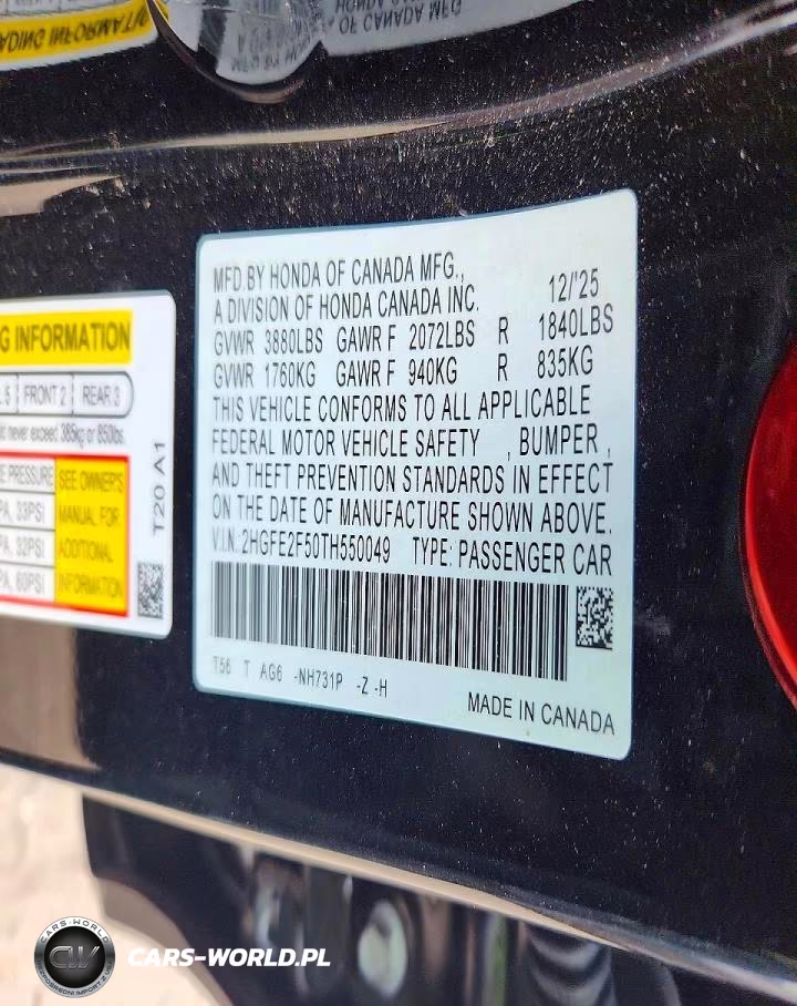 2026 Honda Civic Sport VIN:2HGFE2F50TH550049 - 12