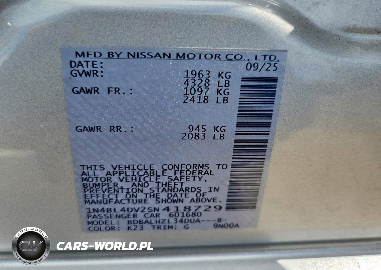 2025 Nissan Altima Sv VIN:1N4BL4DV2SN418729 - 12