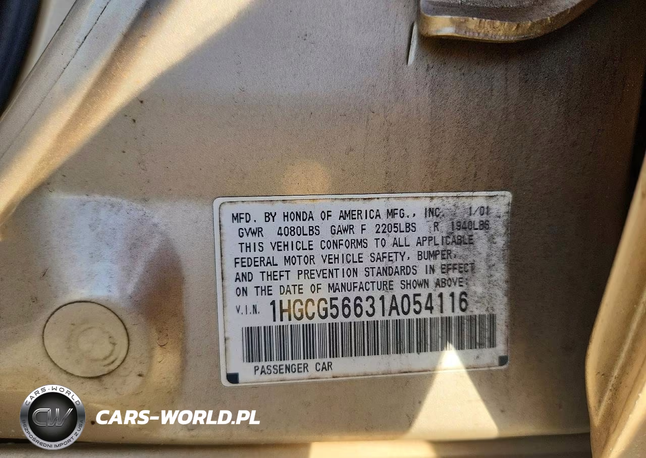 2001 Honda Accord Ex VIN:1HGCG56631A054116 - 12