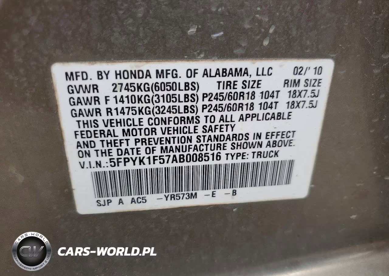 2010 Honda Ridgeline Rtl VIN:5FPYK1F57AB008516 - 12