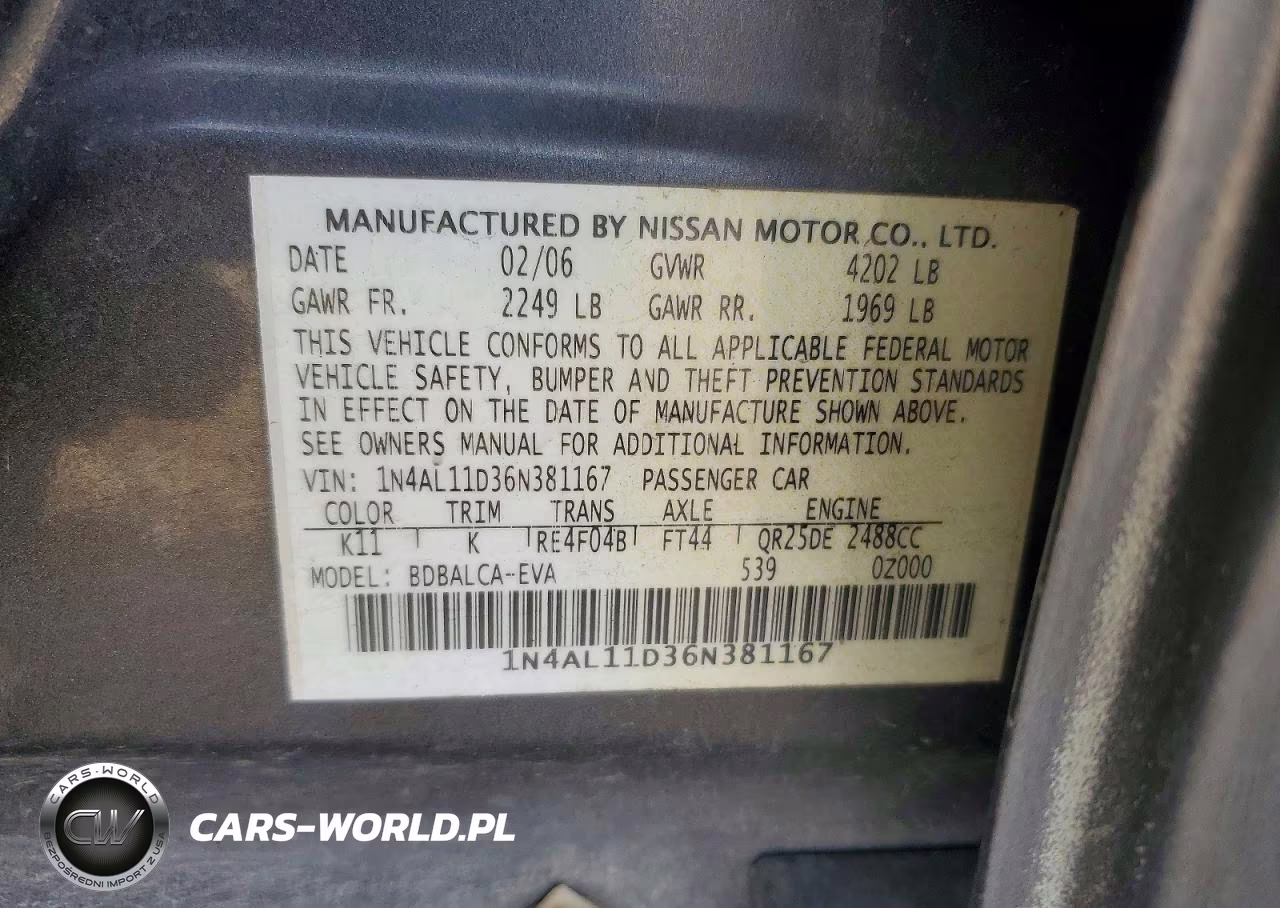 2006 Nissan Altima 2.5 VIN:1N4AL11D36N381167 - 13