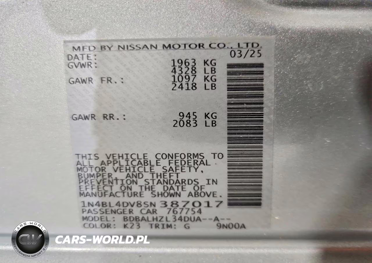 2025 Nissan Altima Sv VIN:1N4BL4DV8SN387017 - 12