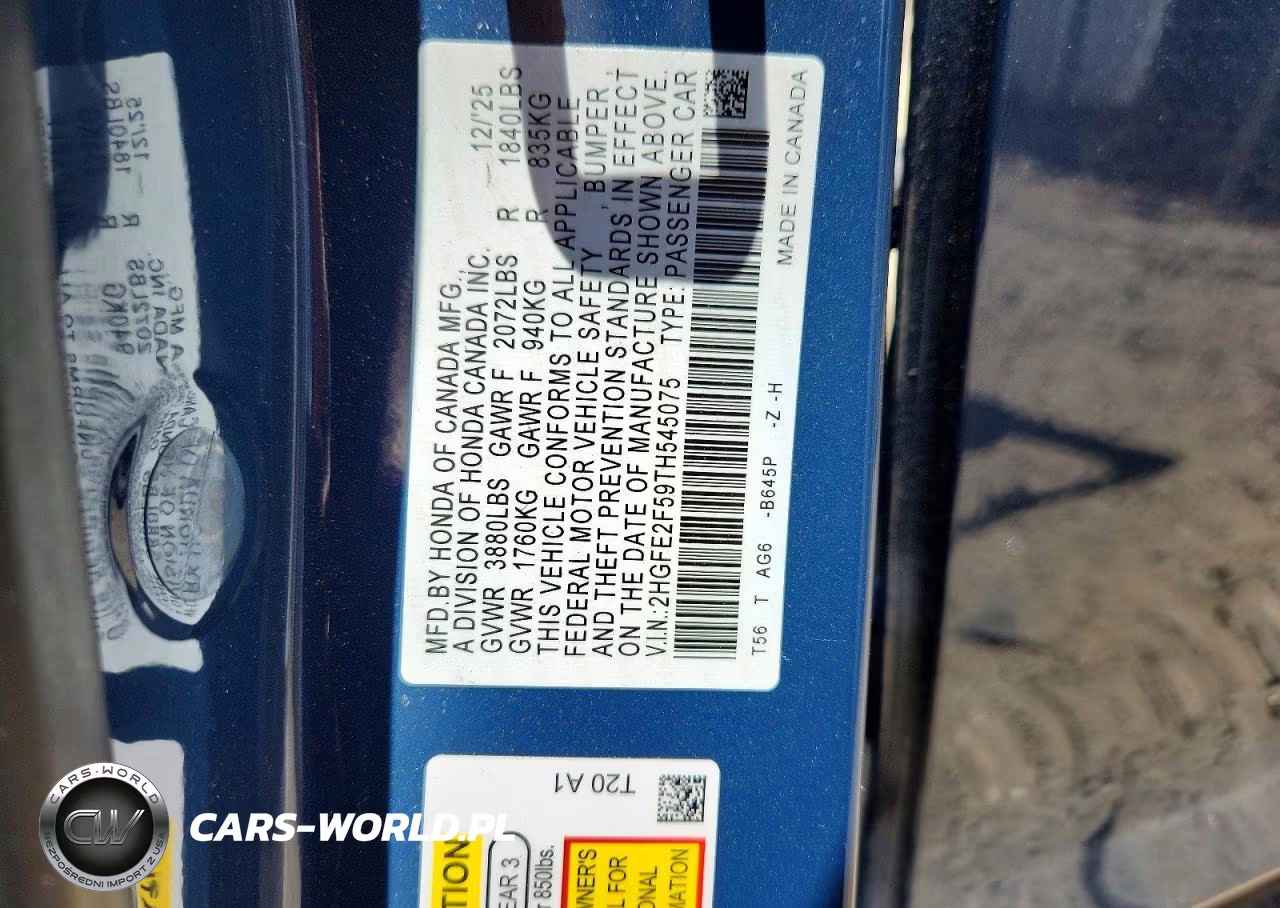 2026 Honda Civic Sport VIN:2HGFE2F59TH545075 - 12