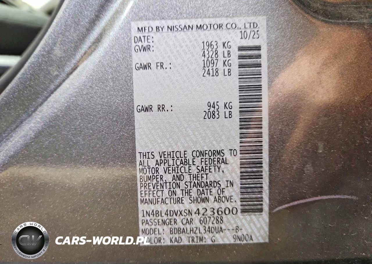 2025 Nissan Altima Sv VIN:1N4BL4DVXSN423600 - 13