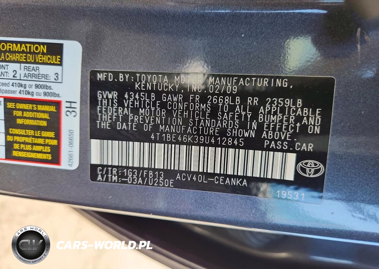 2009 Toyota Camry Le VIN:4T1BE46K39U412845 - 12
