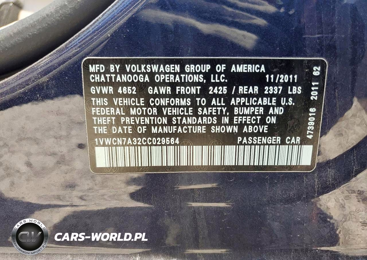 2012 Volkswagen Passat Sel VIN:1VWCN7A32CC029564 - 13