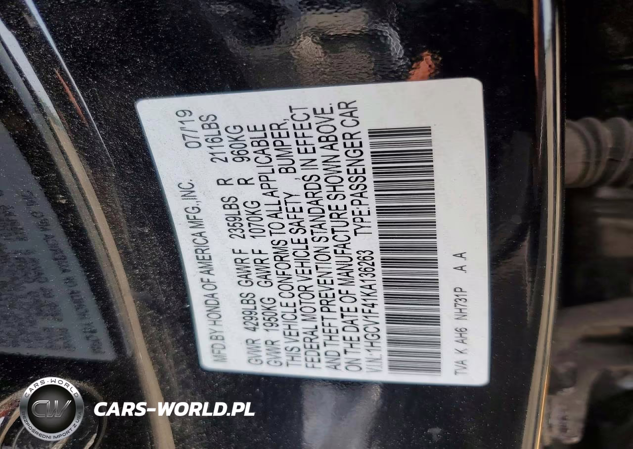 2019 Honda Accord Ex VIN:1HGCV1F41KA136263 - 12