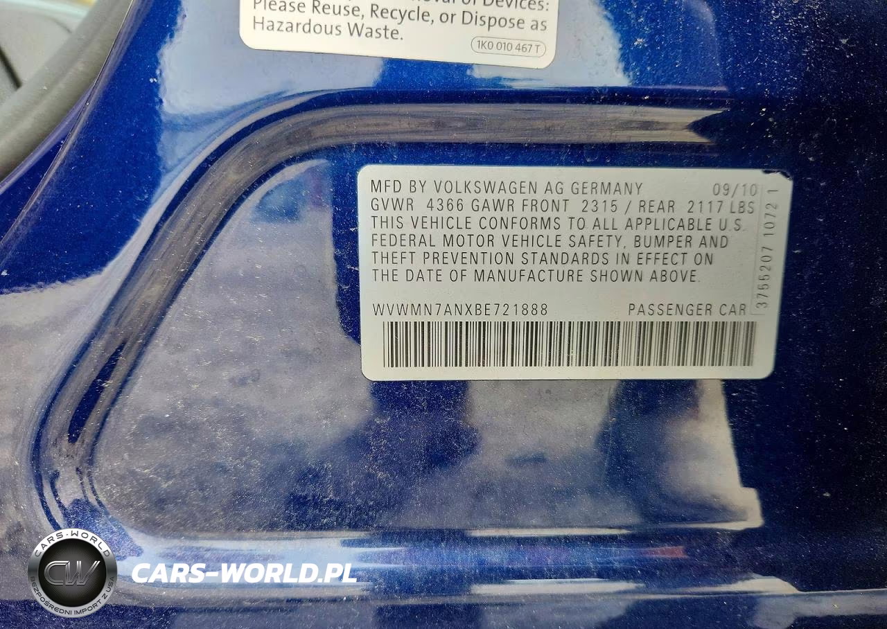 2011 Volkswagen Cc Sport VIN:WVWMN7ANXBE721888 - 13