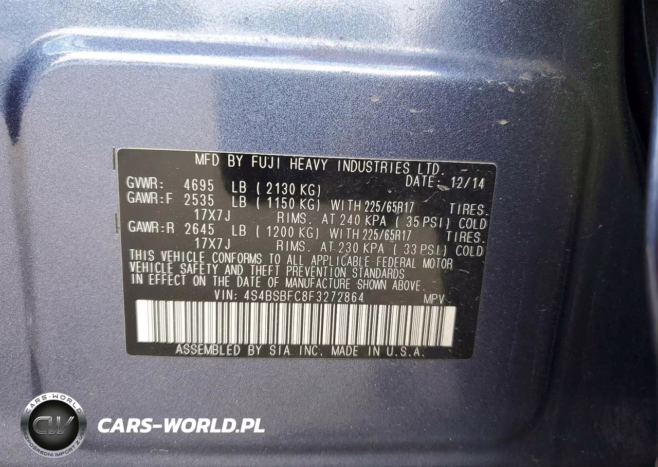 2015 Subaru Outback 2.5I Premium VIN:4S4BSBFC8F3272864 - 13