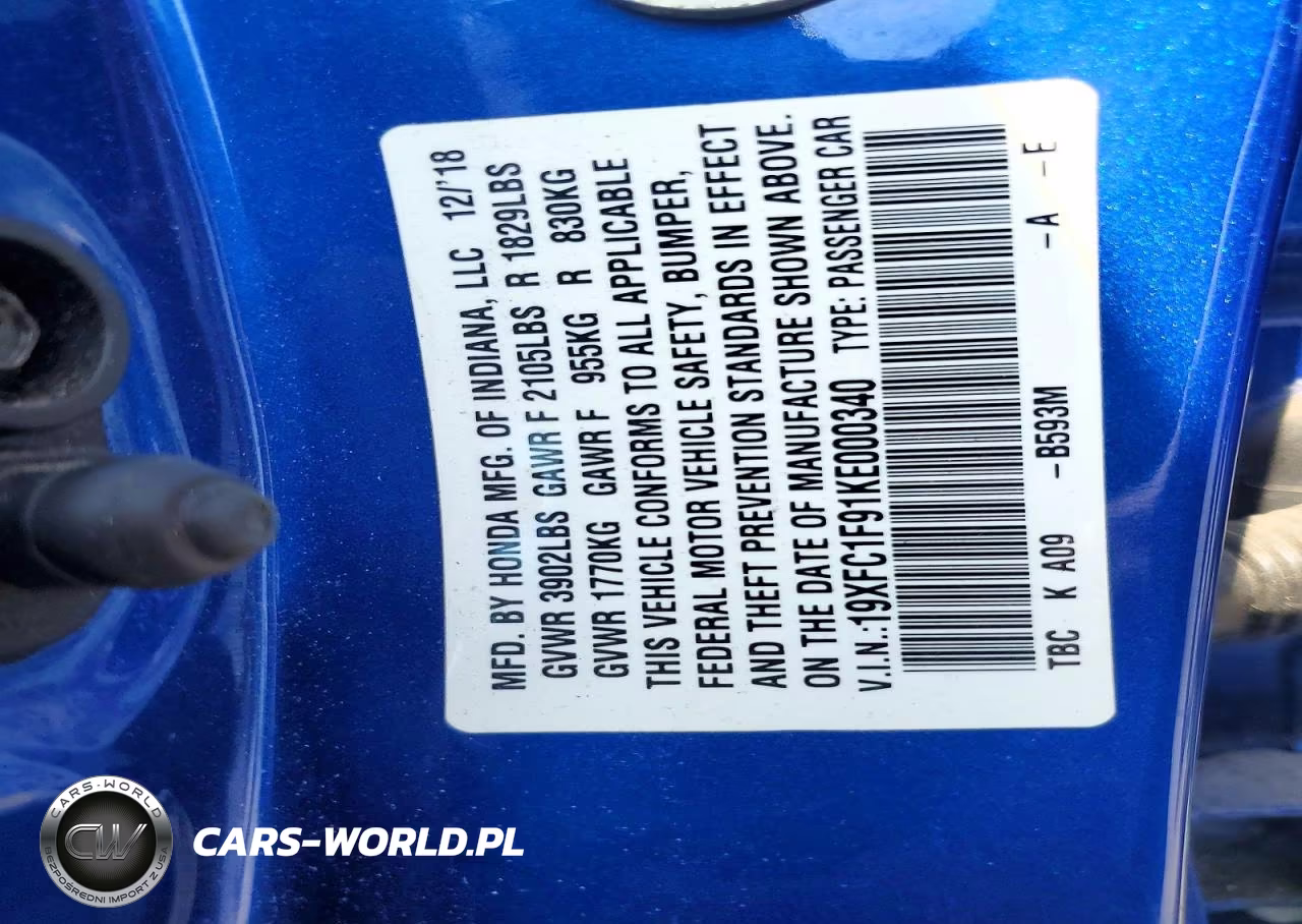 2019 Honda Civic Touring VIN:19XFC1F91KE000340 - 12